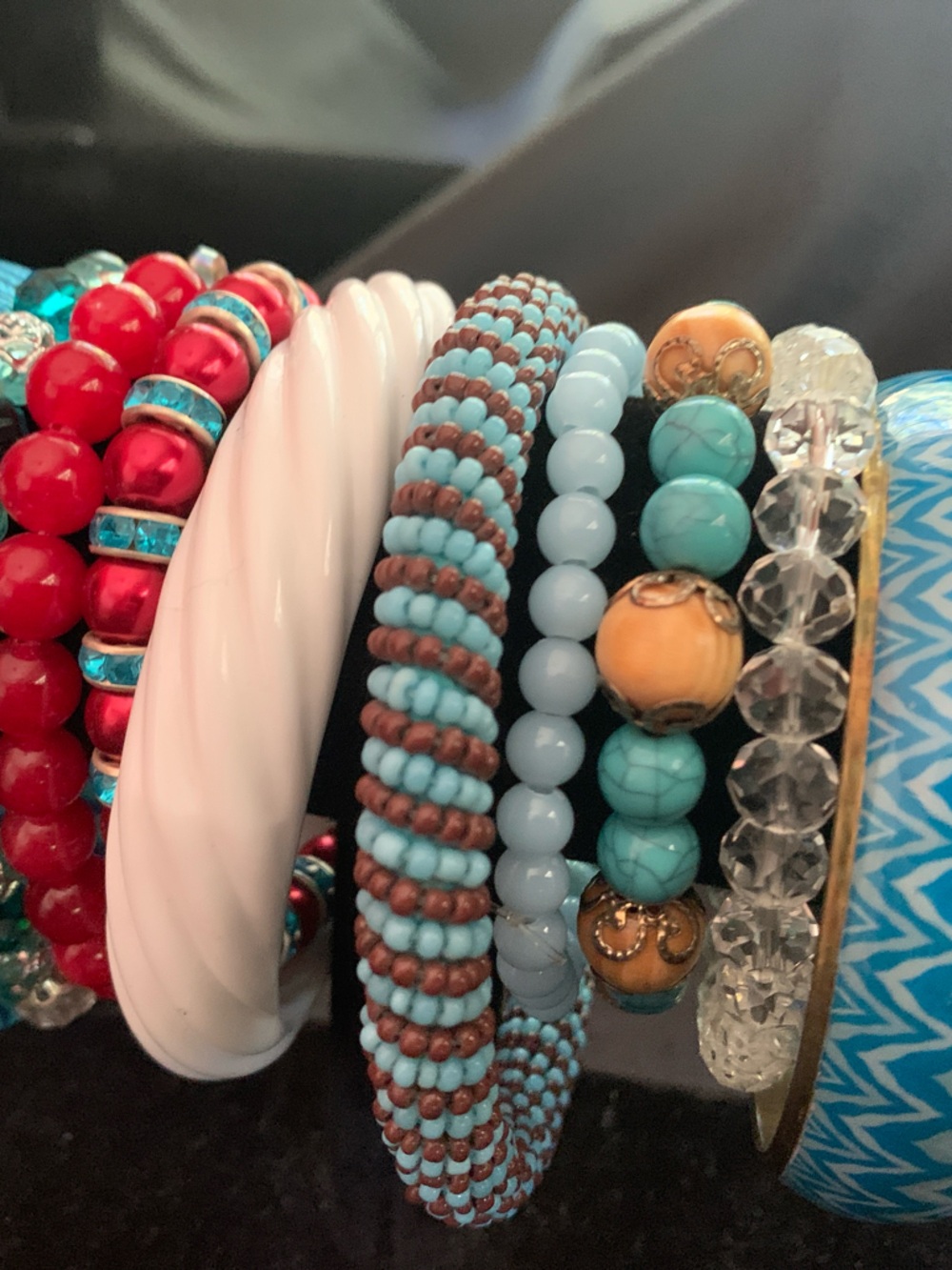 Stackable Beaded and Bangle Bracelet Set in Turquoise, Red, White and Brown